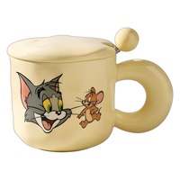 Vente flash - Tasse en céramique de style vintage avec design de dessin animé Tom et Jerry, résistante aux hautes températures, en porcelaine jaune, avec couvercle et cuillère