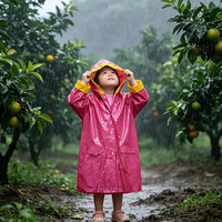 Veste de pluie en PVC pour enfants rose avec bordure jaune, imperméable, à capuche, manches longues, pour l'école, le camping, les voyages en plein air