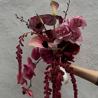 Karangan Bunga Pengantin Buatan Warna Burgundy dan Hijau untuk Pesta Ulang Tahun dan Pernikahan, Boutonnieres, Perlengkapan dan Properti Pernikahan