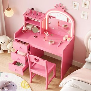 Coiffeuse en bois sur le thème des princesses pour chambre d'enfant avec lumières, ensemble bureau et chaise 2 en 1, étagères ouvertes pour les petites filles - Product Image 5