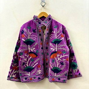 Veste en velours violet brodée à col mandarin, manches longues, motif floral bohème, vêtements d'extérieur d'automne pour femmes - Product Image 1