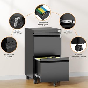 Uchance Tủ hồ sơ kim loại 2 ngăn kéo có khóa, Tủ hồ sơ di động lăn cho văn phòng tại nhà, kích thước nhỏ phù hợp với Thư/pháp lý/A4 - Product Image 6