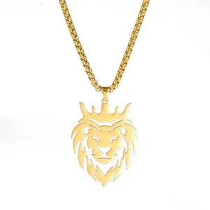 León con rey corona collares para hombres niños Acero inoxidable Punk Animal collares León hombres caja cadena gargantilla joyería