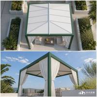 Pavillon de jardin moderne en aluminium thermolaqué avec toit souple en PVC, rideaux transparents fluides, support en arête de poisson et bande LED