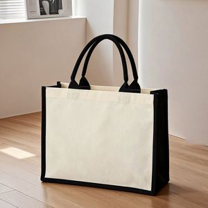 Sac fourre-tout en toile personnalisé imprimé, patchwork bicolore avec poignées roulées pour promotion de cadeaux - Product Image 2