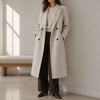 Manteau d'hiver pour femme OEM/ODM, manteau long en mélange de laine tissée à double boutonnage avec revers cranté, design chaud