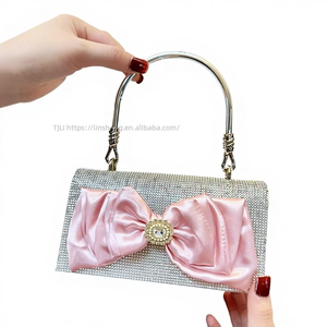 New <b>Cross</b>-border European American Retro Full Bow <b>Chain</b> Small Square Evening Bag Rhinestone Hand Bag Polyester Cover Tanjing - Product Image 1