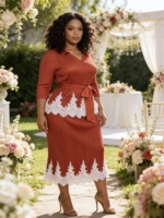 Ensemble robe plissée élégante Miyaki Midi à manches trois quarts avec bordure en dentelle blanche pour invitée de mariage, taille plus, ensemble jupe 2 pièces
