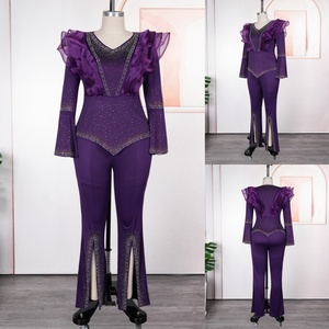 11018 Tenues africaines de luxe pour femmes, ensemble 2 pièces pour soirée, haut à col en V avec strass et manches à volants, <span class=keywords><strong>pantalon</strong></span> évasé fendu pour femmes - Product Image 2