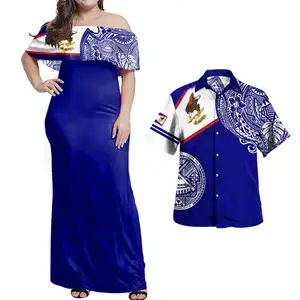 Polynesian Flag With Coat Of Arms Men's Shirts Ladies Dresses 2 Piece Sets American Samoan Combo Dress And Shirt Drop Shipping