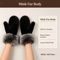Échantillon de mitten en fourrure de vison véritable multicolore, luxueux, avec bordure en fourrure de renard moelleuse, doux, pour l'hiver, à doigts entiers
