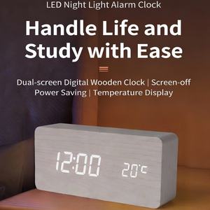 Horloge de table numérique en bois avec affichage LED, surveillance de la température et de l'humidité, commande vocale, alarme, calendriers/date, fonctionne sur piles - Product Image 3