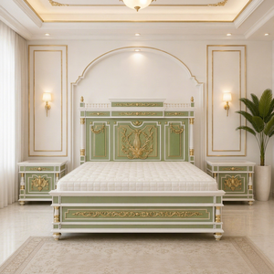 Roman Inspired Hand Carved Bedroom Suite Luxury Hand Carved Solid Teak Wood Bedroom Furniture <b>Set</b> with Sage Green & Gold Finish - Product Image 1