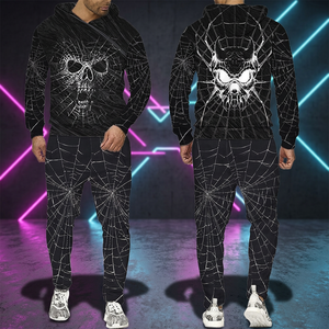 Ensemble de survêtement unisexe noir à imprimé toile d'araignée, léger et écologique en polyester/coton, avec sweat à capuche à manches longues et cordon de serrage - Product Image 1