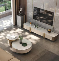 Ensemble de meuble TV et table basse en bois avec plateau en marbre de luxe moderne pour salon, beige, console flottante, design de meubles