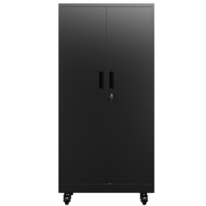 Armoire de garage roulante robuste de 71 pouces avec serrure, rangement en métal noir avec 5 étagères et panneau perforé pour atelier, sous-sol, buanderie - Product Image 4
