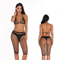Dames tweedelige lingerie fishnet badkleding strass doorschijnend clubkleding bikini top en shorts set
