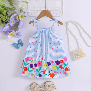 <span class=keywords><strong>Robe</strong></span> d'été décontractée pour bébé fille, <span class=keywords><strong>robe</strong></span> à bretelles rayée bleue et <span class=keywords><strong>blanche</strong></span> avec des motifs de fleurs colorées et des abeilles sur la jupe - Product Image 1