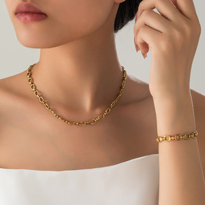 Banded Node Necklace Bracelet | Stainless Steel 18K PVD Gold Plated Oval Link Chain Jewelry <b>Set</b> Wholesale | Waterproof & Durable - Product Image 3