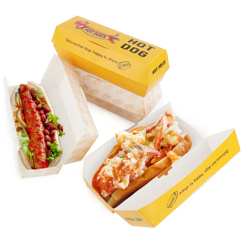 Оптом одноразовые Печатные Длинные гамбургеры хот-дог To Go коробки бумажный поднос для еды на вынос с крышкой 40 см