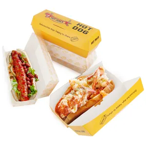 Grosir Sekali Pakai Dicetak Burger Panjang Hot Dog To Go Kotak Kertas Makanan Nampan Takeaway dengan Tutup 40Cm