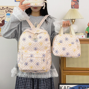 New Japanese-style floral plaid fresh sweet backpack versatile simple shopping cute schoolbag <b>set</b> - Product Image 4
