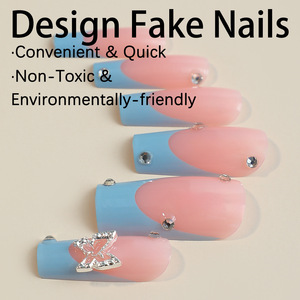 Ms.Miemie 24pcs Reusable ABS Press on <strong>Nails</strong> <strong>Blue</strong> French Dot Diamond Butterfly Long <strong>Coffin</strong> <strong>Design</strong> Fake Fingers Style Wholesale - Product Image 3