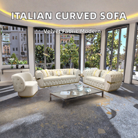Ensemble de canapés sectionnels incurvés Chesterfield de luxe moderne haut de gamme en tissu velours durable, garni d'éponge, avec structure en acier inoxydable pour villa