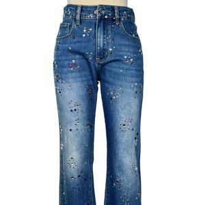 Jeans de Mezclilla Brillantes con Cuentas, Diseño Personalizado de Fábrica, Pantalones Largos de Cintura Alta con Pierna Ancha para Mujer, Jeans Casuales de Mezclilla para Mujer - Product Image 4