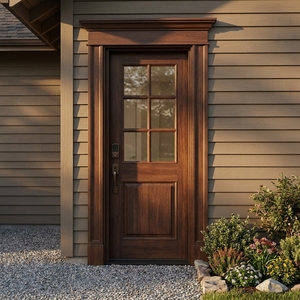 Puerta de Entrada Principal de Madera Sólida de Nogal Oscuro con Panel de Vidrio de 6 Paneles Estilo Americano con Cerradura Inteligente - Product Image 5