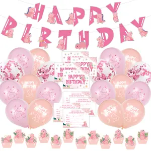 Huaming bébé fille Rose rose fête fournitures joyeux anniversaire bannière dinosaure feuille ballons fête d'anniversaire décorations ensemble