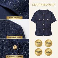 Jaket Wanita Elegan Biru Dongker Bahan Worsted Lengan Pendek Berikat Kancing Emas Model Crop Blazer Gaya Prancis ODM Custom Grosir