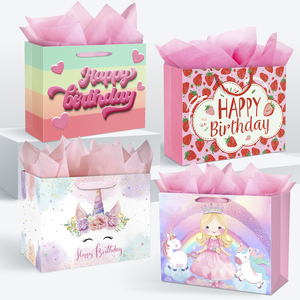 Sacs en papier écologiques pour anniversaire, expédiés directement de l'usine, motifs licorne et princesse de dessin animé, poignée en corde de coton, personnalisables - Product Image 1