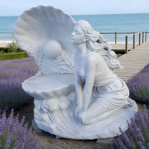 Estatua de Ninfas del Mar Tallada a Mano en Mármol Blanco de Tamaño Real con Concha para Decoración de Jardín o Casa Costera - Product Image 1