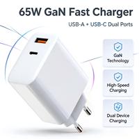 Chargeur Mural USB-C GaN 65W en Gros pour Usine, Prise EU, Double Port USB-A et Type-C, Charge Rapide PD3.0 PPS pour Ordinateur Portable et Téléphone