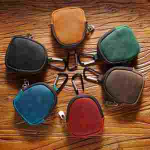 Coin <b>Purse</b> with Keychain Crazy Horse Leather <b>Small</b> Wallet Zipper Shell Bag Bluetooth Earphone Bag Key Bag - Product Image 2