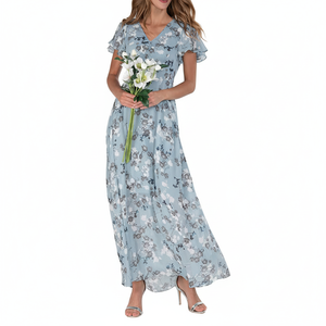Femmes été col en V bleu imprimé fleuri volants longues en mousseline de soie manches courtes élégant décontracté Maxi robe - Product Image 1
