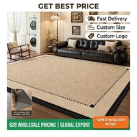 Tapis de salon beige de luxe discret, tapis de zone personnalisé à bordure noire, antidérapant, durable, lavable, en polyester, pour la maison, OEM
