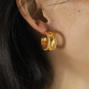 C <b>Ring</b> Wide Braided Huggie Earrings Gold Women's Everyday Wear Titanium Steel Geometric Design Twisted <b>Circle</b> Style - Product Image 2