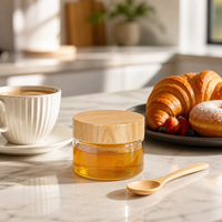 Pot de conservation alimentaire transparent en PET avec couvercle à vis anti-fuite, col à 56 dents, couvercle à motif bois par transfert d'eau, étiquette personnalisée avec impression UV