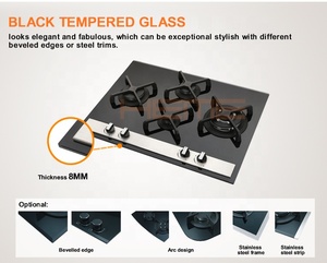 Black Tempered Glass 4 Burner Built in Gas <b>Stove</b> With Cast Iron Pan Support Cooktop - Product Image 4