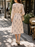 Nouvelle robe florale pour femmes, col en V, manches longues, taille haute, robe midi décontractée pour le printemps, à porter au quotidien