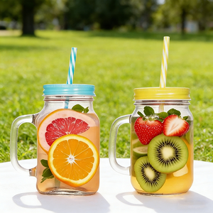 Vaso de Vidrio con Asa de 16oz, Jarra Mason <span class=keywords><strong>para</strong></span> Té Helado y Limonada con Pajita y Tapa, Vaso <span class=keywords><strong>para</strong></span> Agua con Infusión de Frutas, Bebidas <span class=keywords><strong>para</strong></span> Fiestas de Verano - Product Image 1