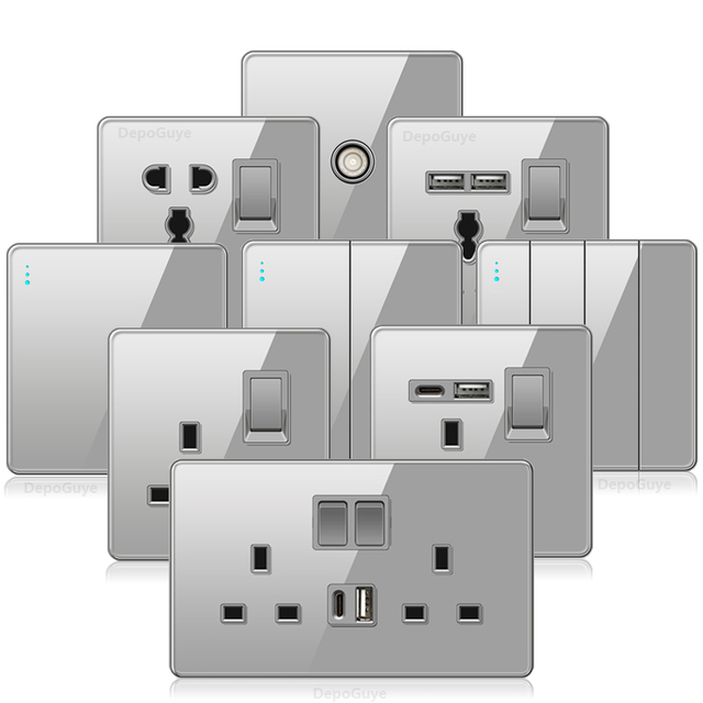 Deluxe Grey Tempered Glass Panel UK 13A Plug Electrical Socket, Double 3 Pin Socket and Switch, Universal USB C 18W Wall Socket