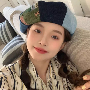 Color-blocked Korean Style Octagonal <b>Beret</b> For Women Summer Breathable Cotton Denim Patchwork Hat Female Large Head - Product Image 3