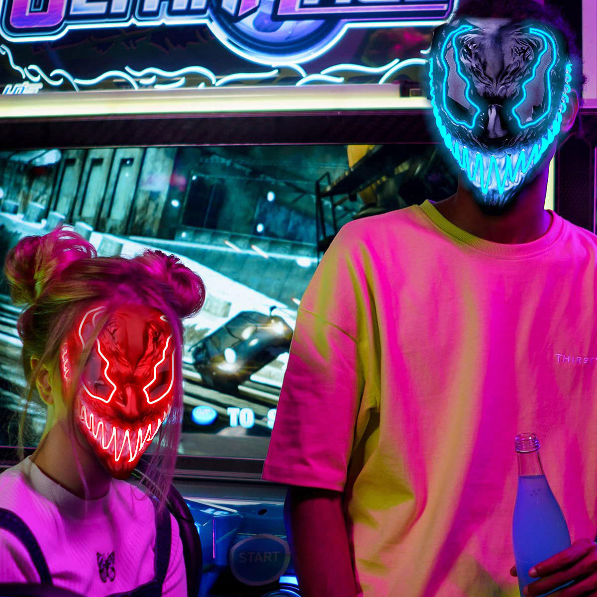 2022 LED Glowing Cat Face Mask Cool Cosplay Neon Demon Slayer Fox Maschere Regalo Di Compleanno - Foto 7
