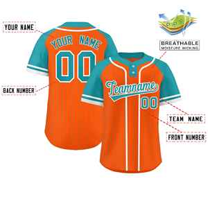 Camiseta de Softbol Personalizada con Rayas Naranja, Aqua y Blancas, Mangas Raglán, Dos Botones, Auténtica - Product Image 2