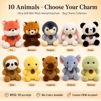 Vente en gros de 10 styles de petits charms en peluche animaux (Renard, Raton Laveur, Panda, Capybara, Éléphant) doux et rembourrés de 12 cm, porte-clés, cadeau, usine OEM