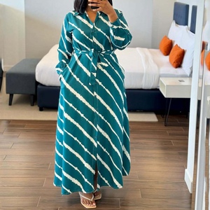Robes pour femmes grande taille, nouvelle arrivée, manches longues, rayures diagonales, style africain, cintrées à la taille, tendance - Product Image 2