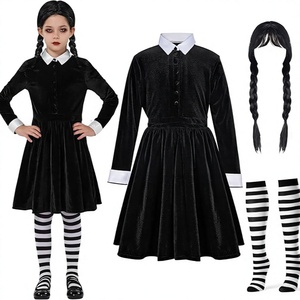 Costume de cosplay complet pour filles, famille <span class=keywords><strong>Addams</strong></span>, Halloween, Huayi Kids, avec <span class=keywords><strong>perruque</strong></span>, bas et sous-vêtements, en polyester - Product Image 1